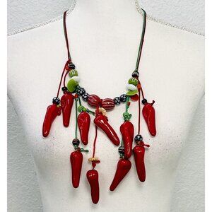 Handmade Chili Pepper Beaded Necklace With Adjustable Red & Green Cord